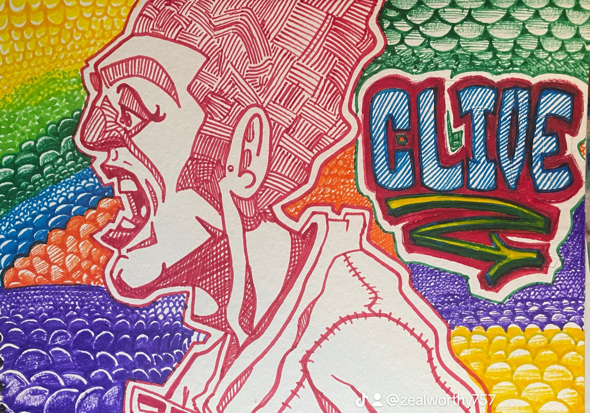 Illustrated portrait of a figure beside the word Clive over a colorful patterned background