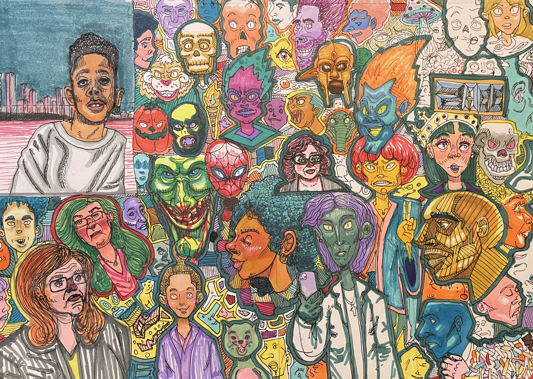 Dense illustrated collage of expressive faces and characters