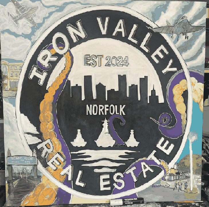 Hand-painted Iron Valley Real Estate emblem with Norfolk skyline and coastal motifs