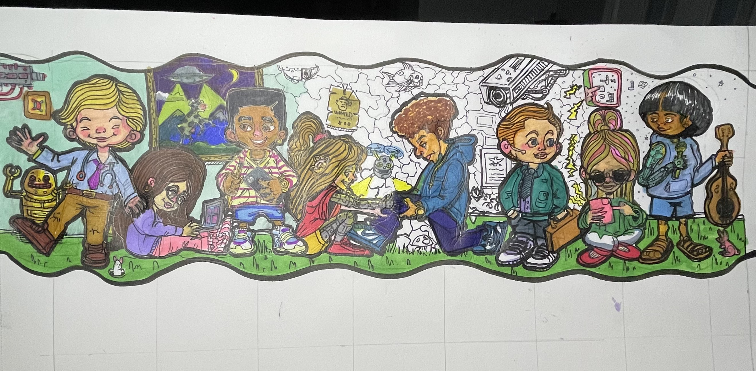 Half-colored character illustration showing palette exploration