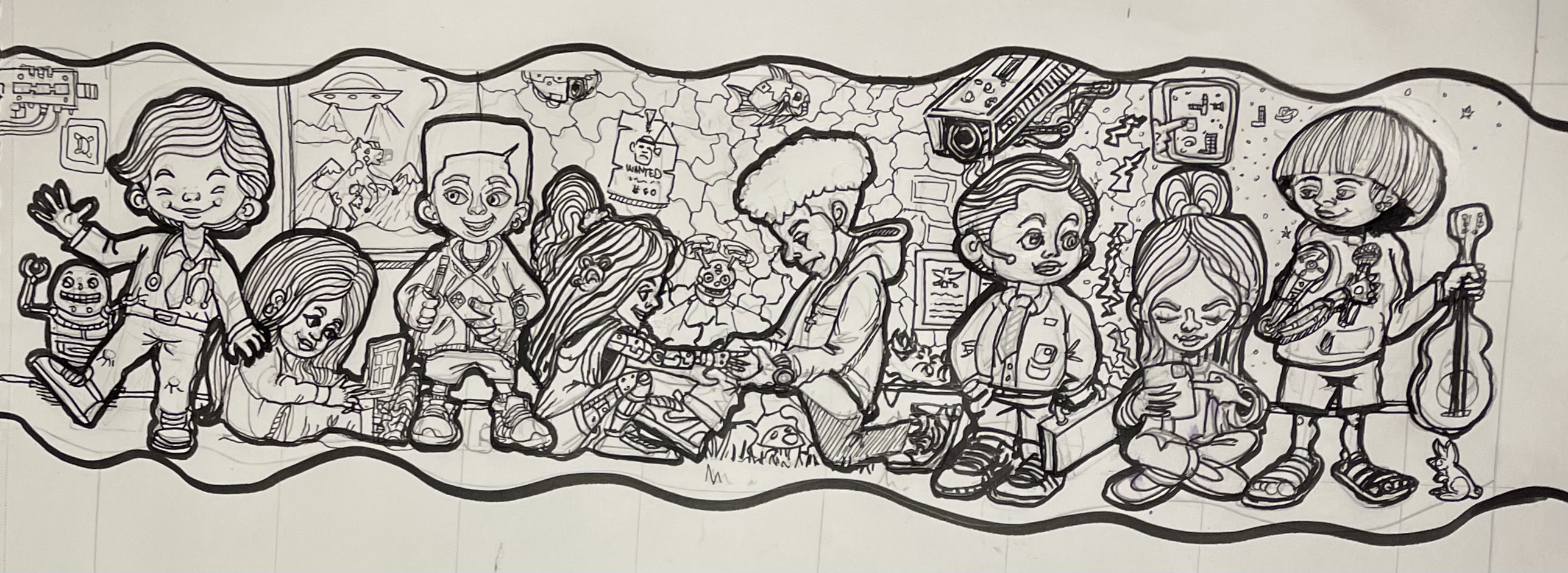 Ink-stage character illustration showing linework development