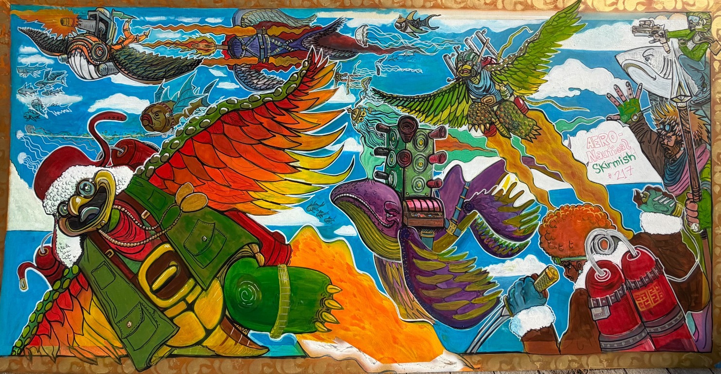 Expanded Aero-Nautical Skirmish mural on a four-by-eight-foot plywood panel
